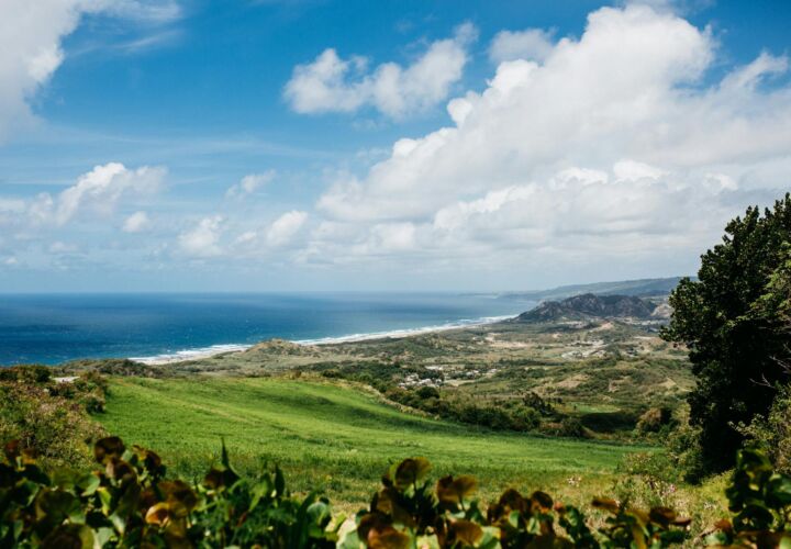 a view of the ocean and green hills